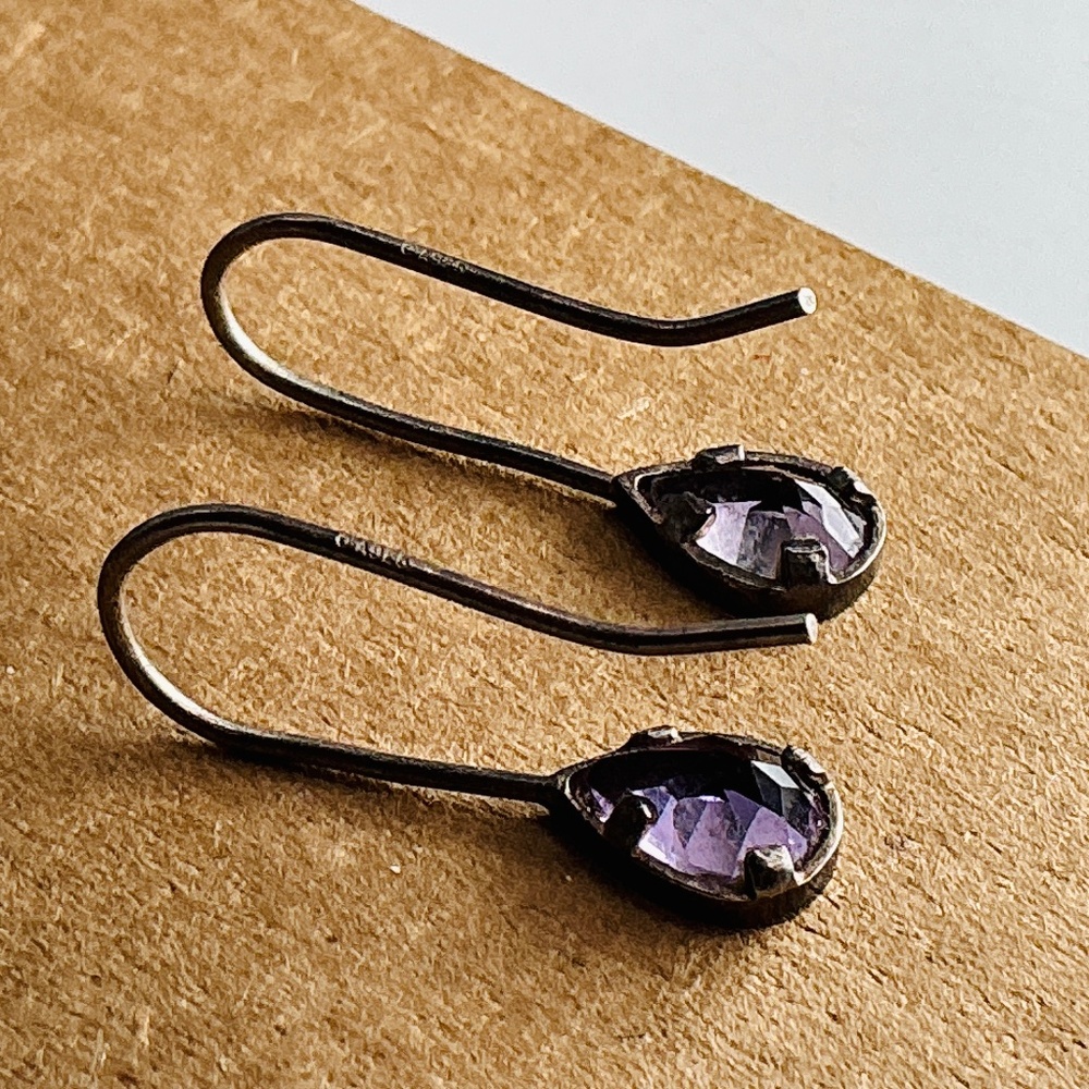 Vintage Earrings Sterling Silver Amethyst Wire Teardrop Dainty Birthstone Jewele